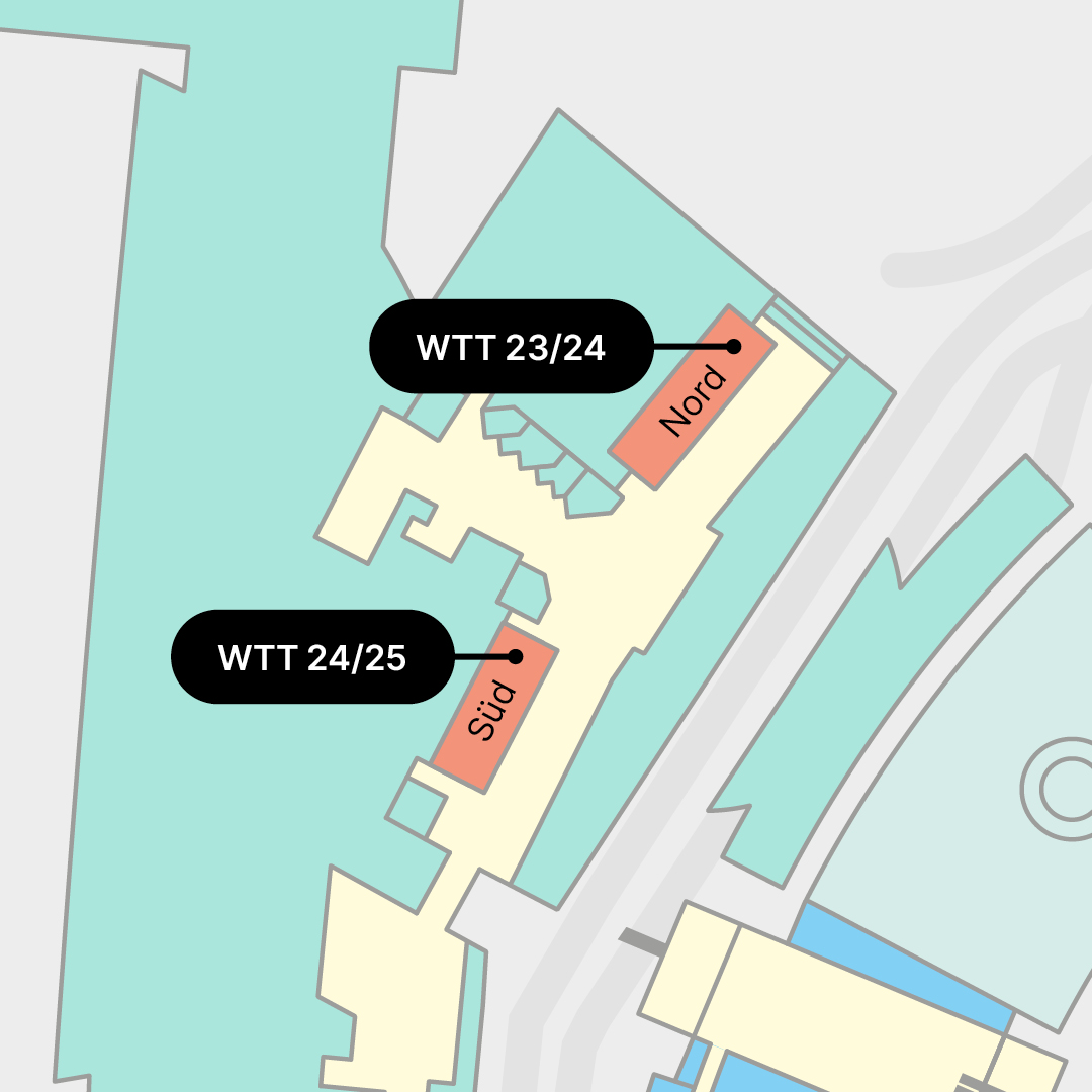 Illustration des Check-in 1 am Flughafen Zürich mit markierten Bereichen für die Winterthur Tower Teams WTT 23 /24 im nördlichen Gebäudeteil und WTT 24/ 25 im südlichen Gebäudeteil.