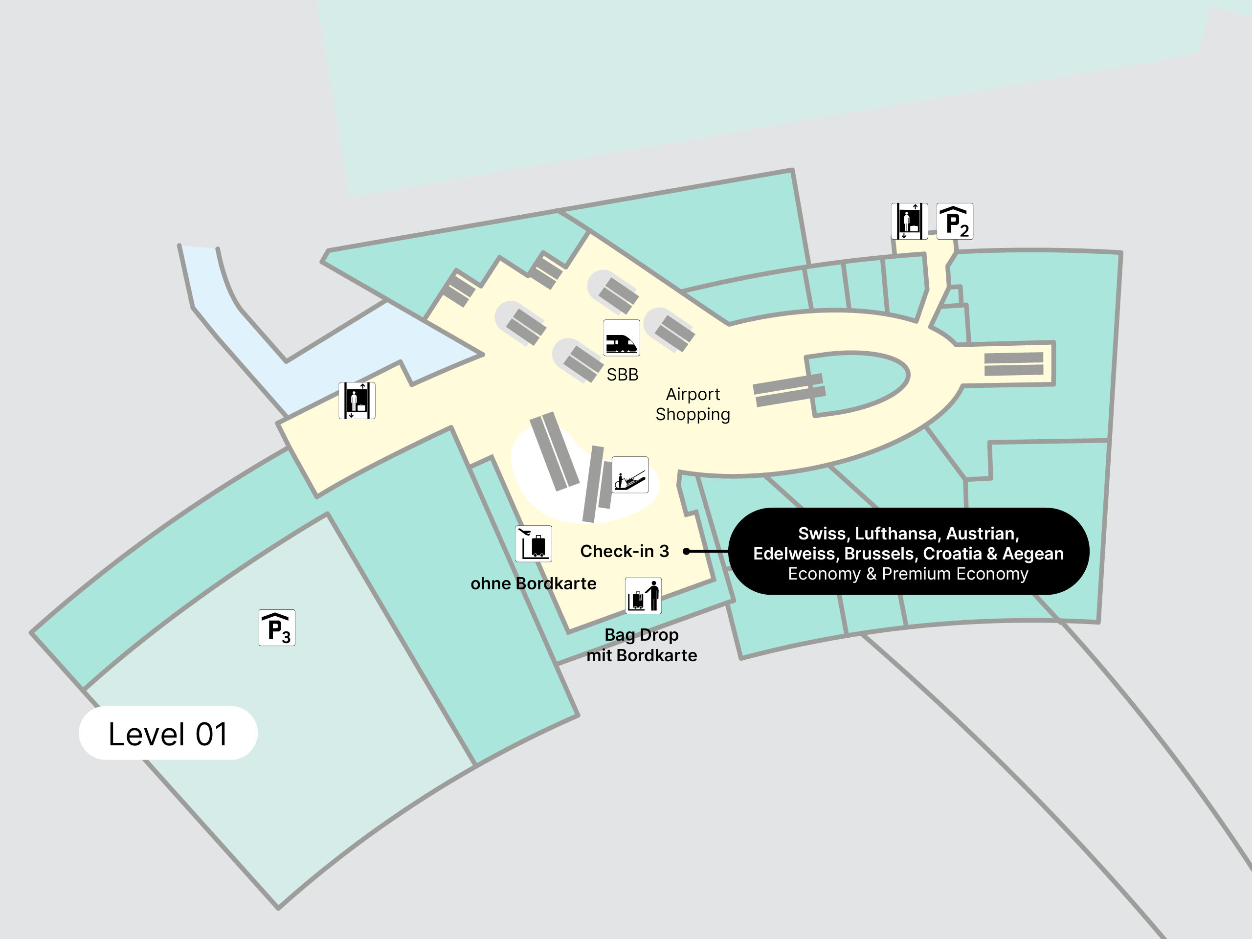 Illustration von Check-in 3 im Flughafen Zürich auf Ebene 1. Der Bereich ist für Economy und Premium Economy von Swiss, Lufthansa, Austrian, Edelweiss, Brussels Airlines, Croatia Airlines und Aegean vorgesehen.