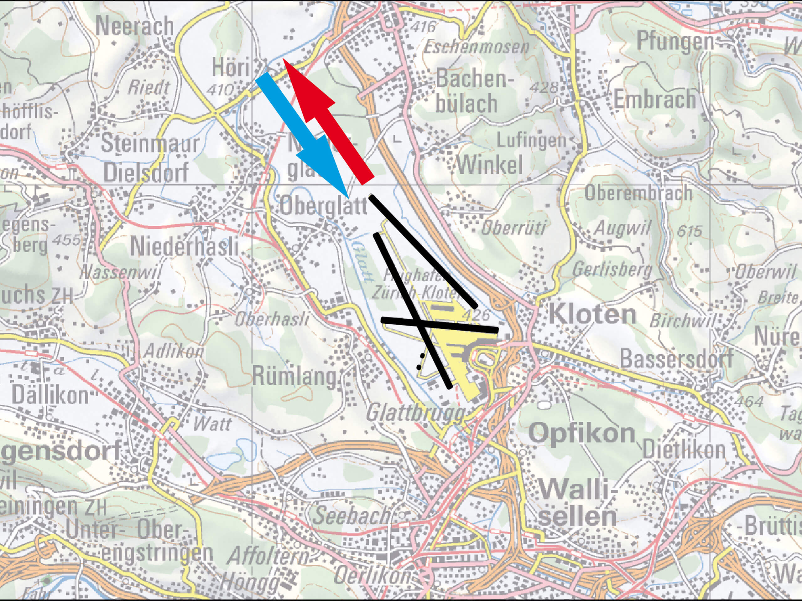 Kartenausschnitt mit markierten Flugrouten über dem Norden des Flughafens Zürich. Die Darstellung zeigt An- und Abflugbewegungen über die Pisten 16/34, 14/32 und 28. Besonders betroffen sind die Gemeinden Niederhasli und Oberglatt. Die Illustration unterstreicht die bestehende Lärmbelastung in dieser Region, die laut Bundesgericht seit 1961 als vorhersehbar gilt.
