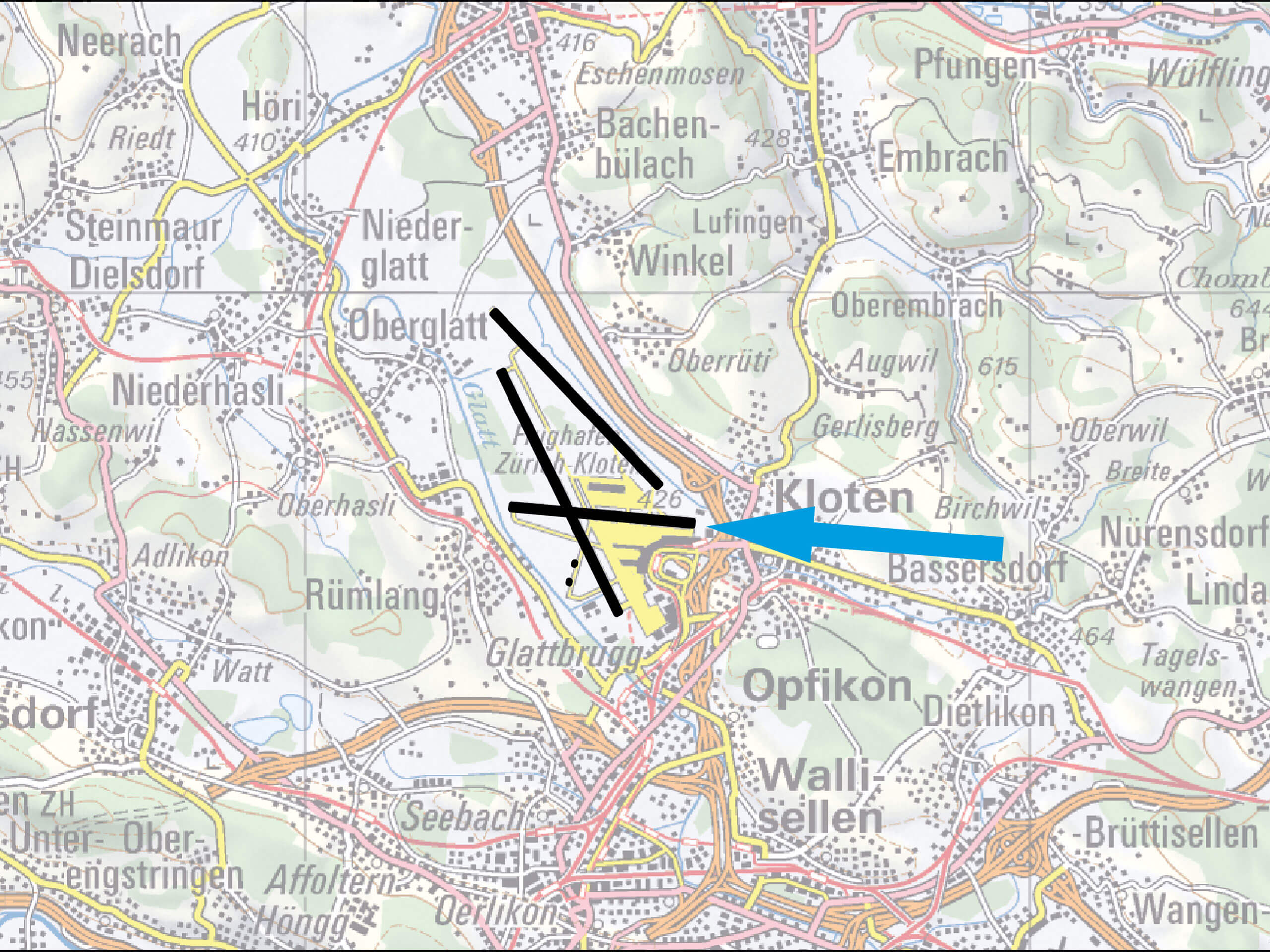 Kartenausschnitt mit markierter Flugroute aus Osten auf die Piste 28 des Flughafens Zürich. Die Illustration zeigt den Anflugbereich, der seit Herbst 2001 aufgrund deutscher Anflugbeschränkungen in den Abendstunden regelmässig genutzt wird. Betroffene Regionen liegen östlich des Flughafens, insbesondere rund um Bassersdorf. Die Darstellung verdeutlicht die lärmrelevante Situation, die laut Bundesgericht ab 1961 als vorhersehbar gilt.