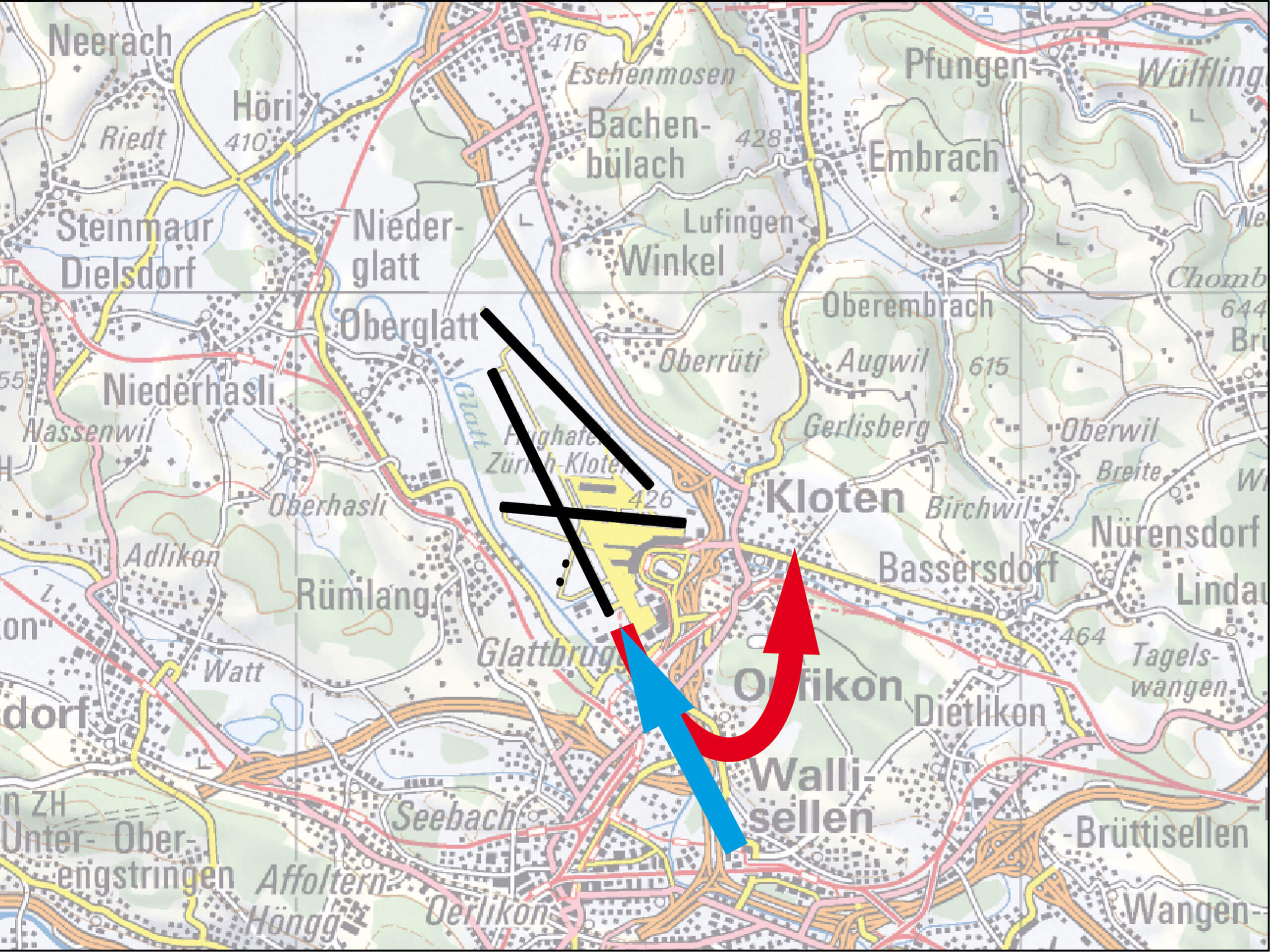 Illustration mit Kartenausschnitt und markierten Flugrouten im südlichen Nahbereich des Flughafens Zürich. Gezeigt wird der Einfluss der sogenannten 4. Welle seit Herbst 1996 mit Abflügen von Piste 16, die kurz nach dem Start nach links abdrehen und Opfikon sowie Wallisellen stärker belasten. Zusätzlich ist der Anflug aus Süden auf Piste 34 dargestellt, eingeführt im Herbst 2003 aufgrund deutscher Anflugbeschränkungen am Morgen.