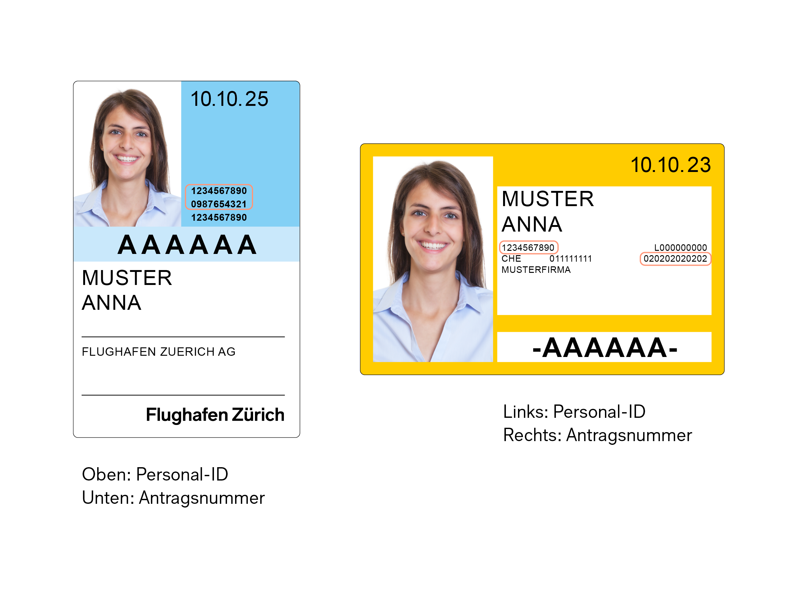 Bild mit mehreren Ausweisdarstellungen zeigt, wo sich Personal ID und Antragsnummer auf Flughafen- und Mitarbeiterausweisen befinden. Auf dem Flughafenausweis befindet sich die Personal ID und die Antragsnummer im oberen Drittel. Auf dem alten Ausweis ist links die Personal ID, rechts die Antragsnummer.