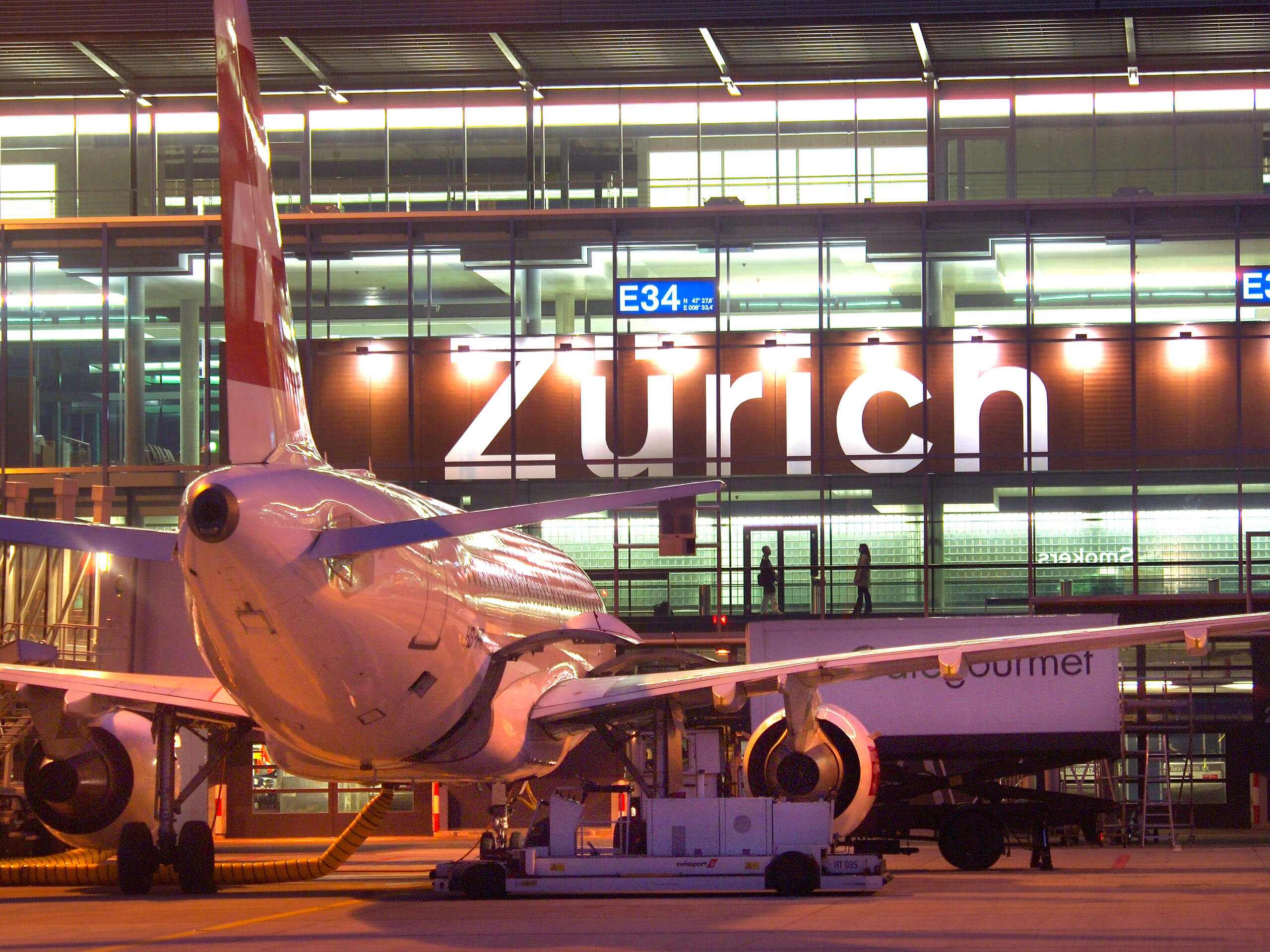 Swiss airplane at docking station at Zurich Airport