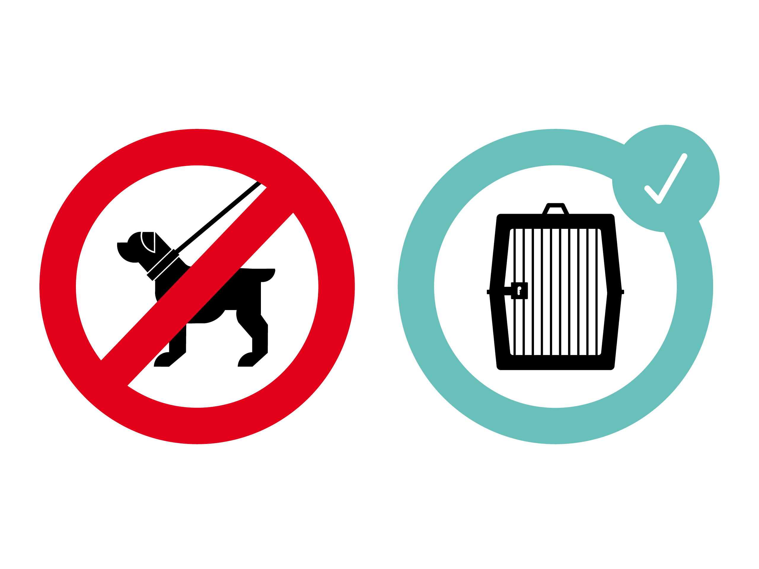 Die Illustration zeigt links einen Hund an Leine in rotem Kreis mit Strich bedeutet Hunde nicht erlaubt rechts eine Transportbox in grünem Kreis mit Haken bedeutet Transportbox erlaubt.