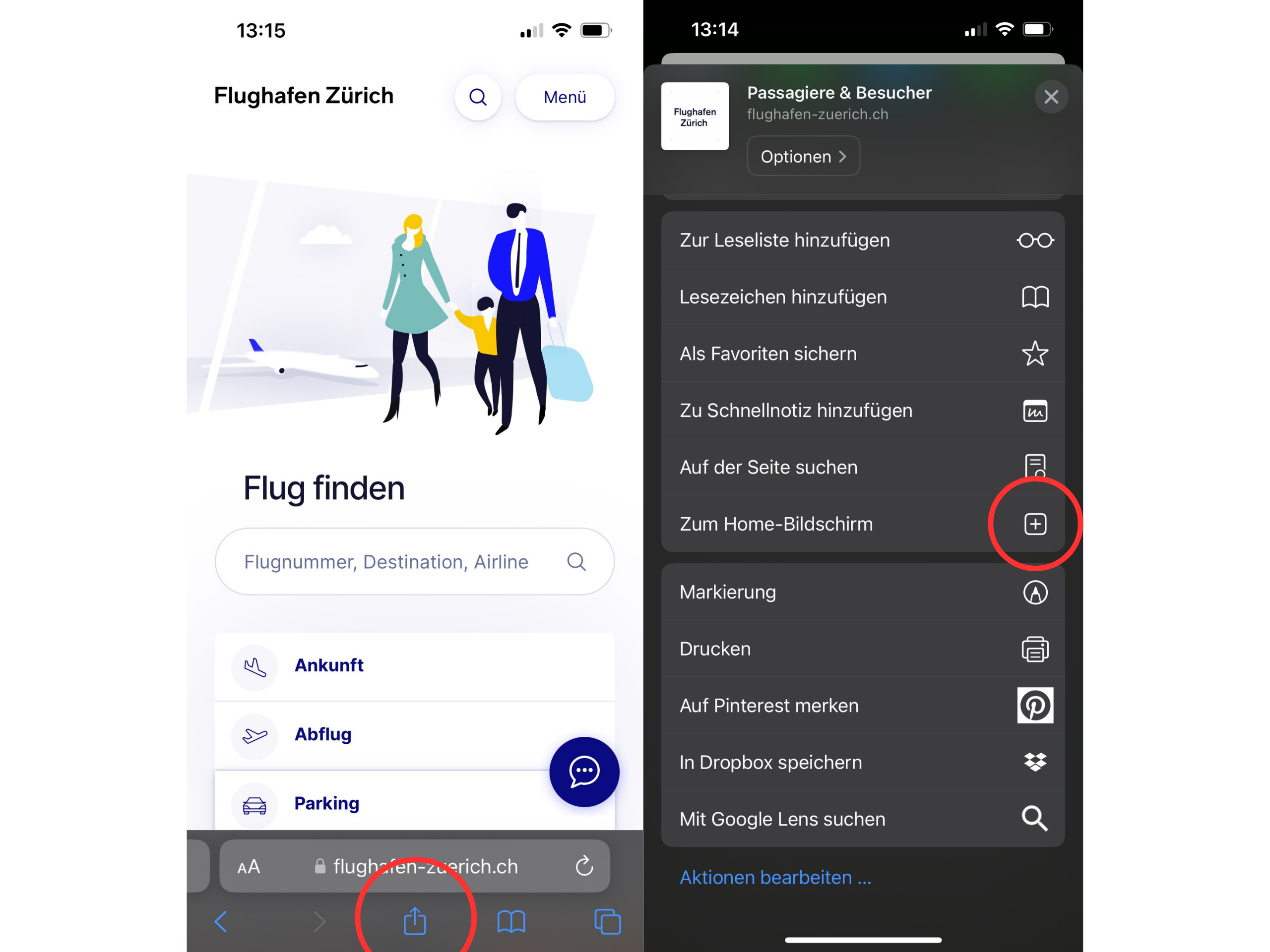 The picture shows two screenshots of how to add the Zurich Airport website to the home screen on an iPhone. On the left is the open website with the Share button highlighted, on the right is the iOS menu with the To Home screen option highlighted.