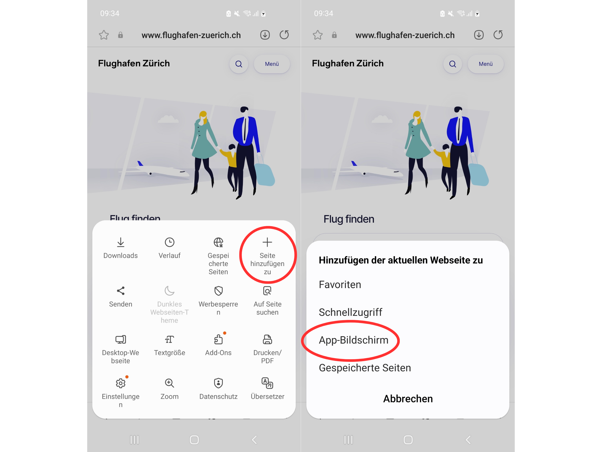 Bild zeigt in zwei Screenshots, wie man auf einem Android-Smartphone die Flughafen Zürich Webseite zum App-Bildschirm hinzufügt. Links ist das Browser-Menü mit der markierten Option Seite hinzufügen zu, rechts die Auswahl App-Bildschirm.