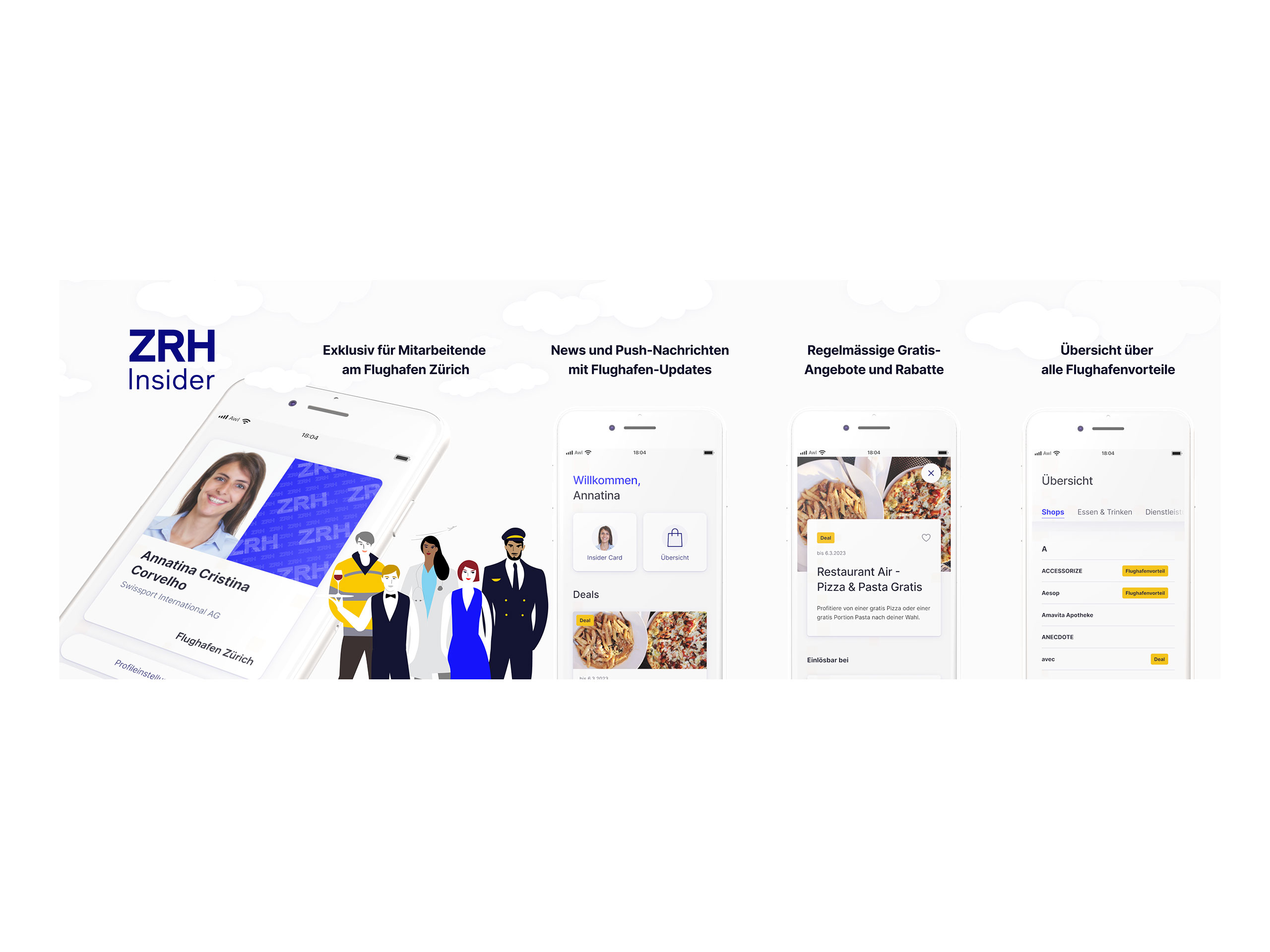 Illustration zeigt verschiedene Funktionen der ZRH Insider App für Flughafen Zürich Mitarbeitende: Digitale Mitarbeitendenkarte, aktuelle Push-Nachrichten, exklusive Gratisangebote wie Pizza und Pasta, sowie eine Übersicht aller Vergünstigungen in Shops, Gastronomie und Dienstleistungen.